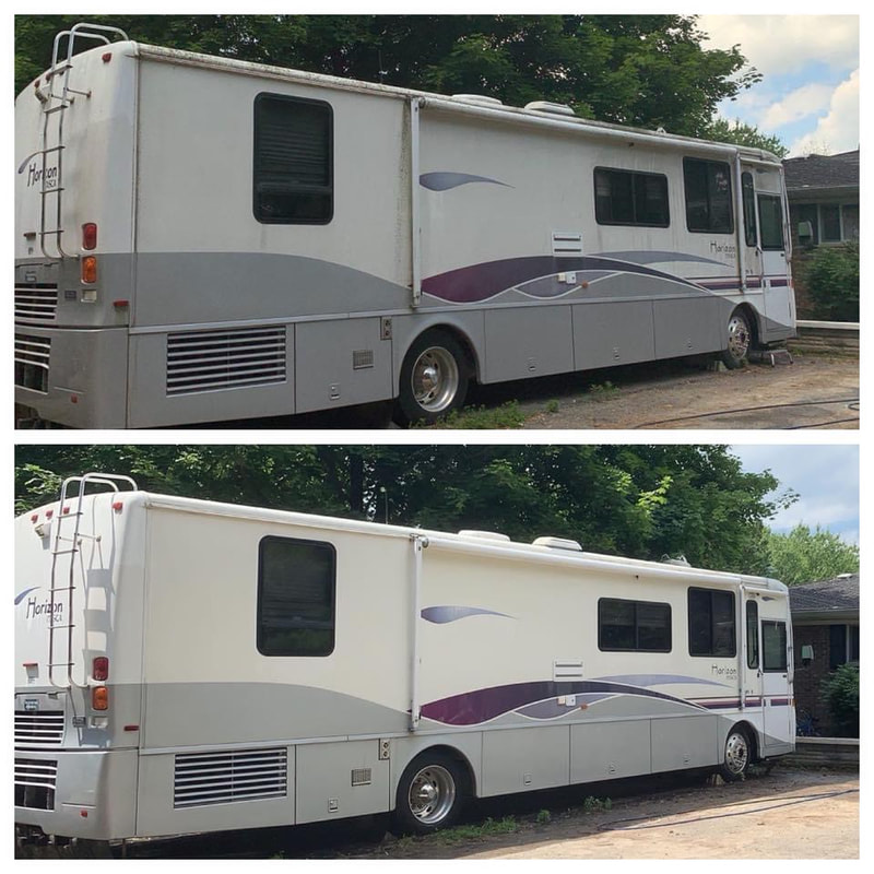 Before and after pressure washing a Recreational Vehicle (RV)
