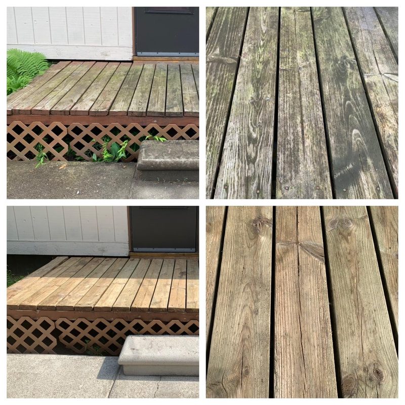 Before and after power washing an old wood deck in West Bloomfield, MI