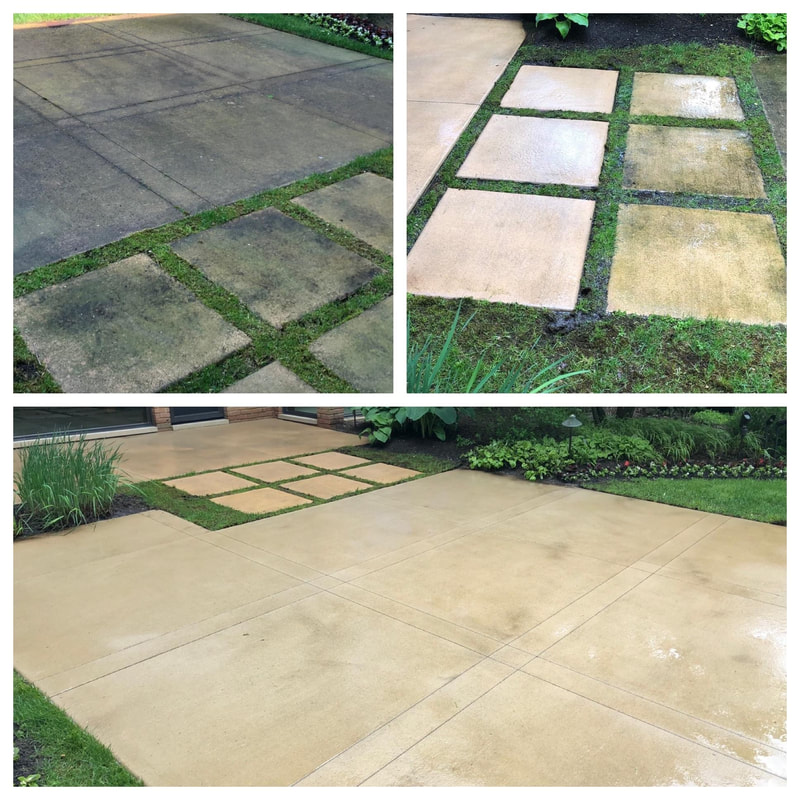 Before and after pressure washing old cement & tile patio in Novi, MI