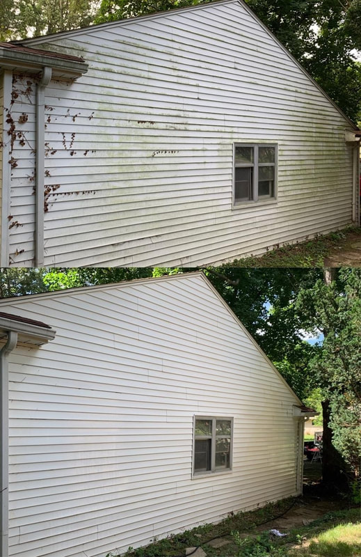 Before and after pressure washing mold off the siding of a house in West Bloomfield, MI