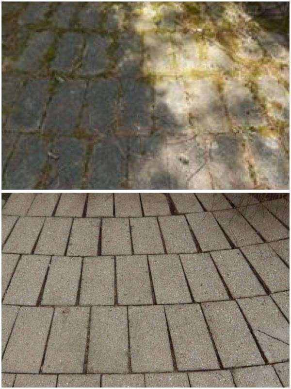 Before and after power washing old brick patio in Bloomfield MI